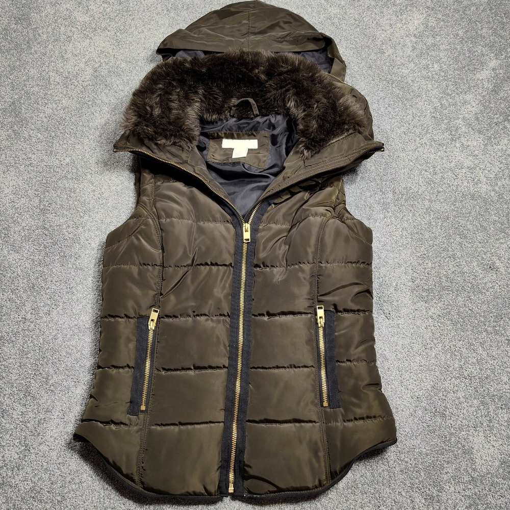 H&M Puffer Vest Women XS Olive Green Faux Fur Hood Quilted Padding Winter Casual